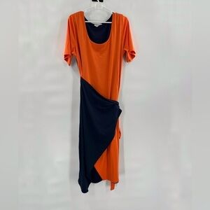 Never fully dressed orange navy blue wrap dress M